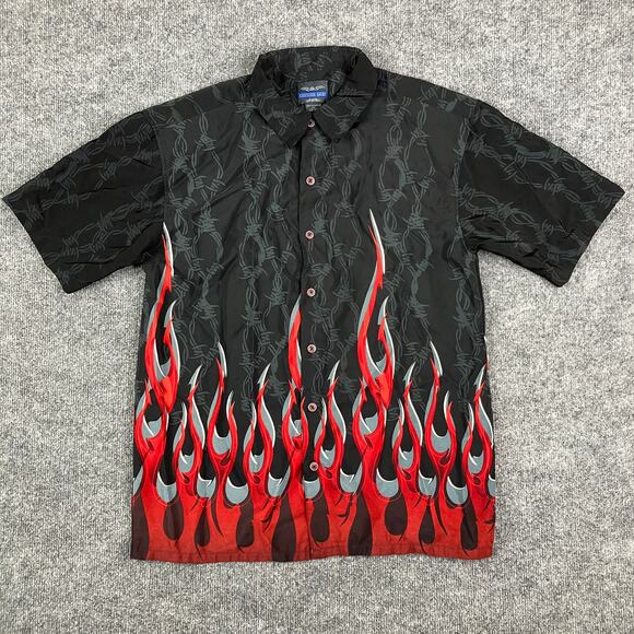 Extreme Gear Button-Up Shirt Mens Size XL Black Red Flame Barbed WireShortSleeve - Picture 2 of 7